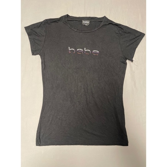 bebe Tops - Bebe Womens Black Rhinestone Logo T-Shirt Short Sleeve Y2K Rayon Top Size M